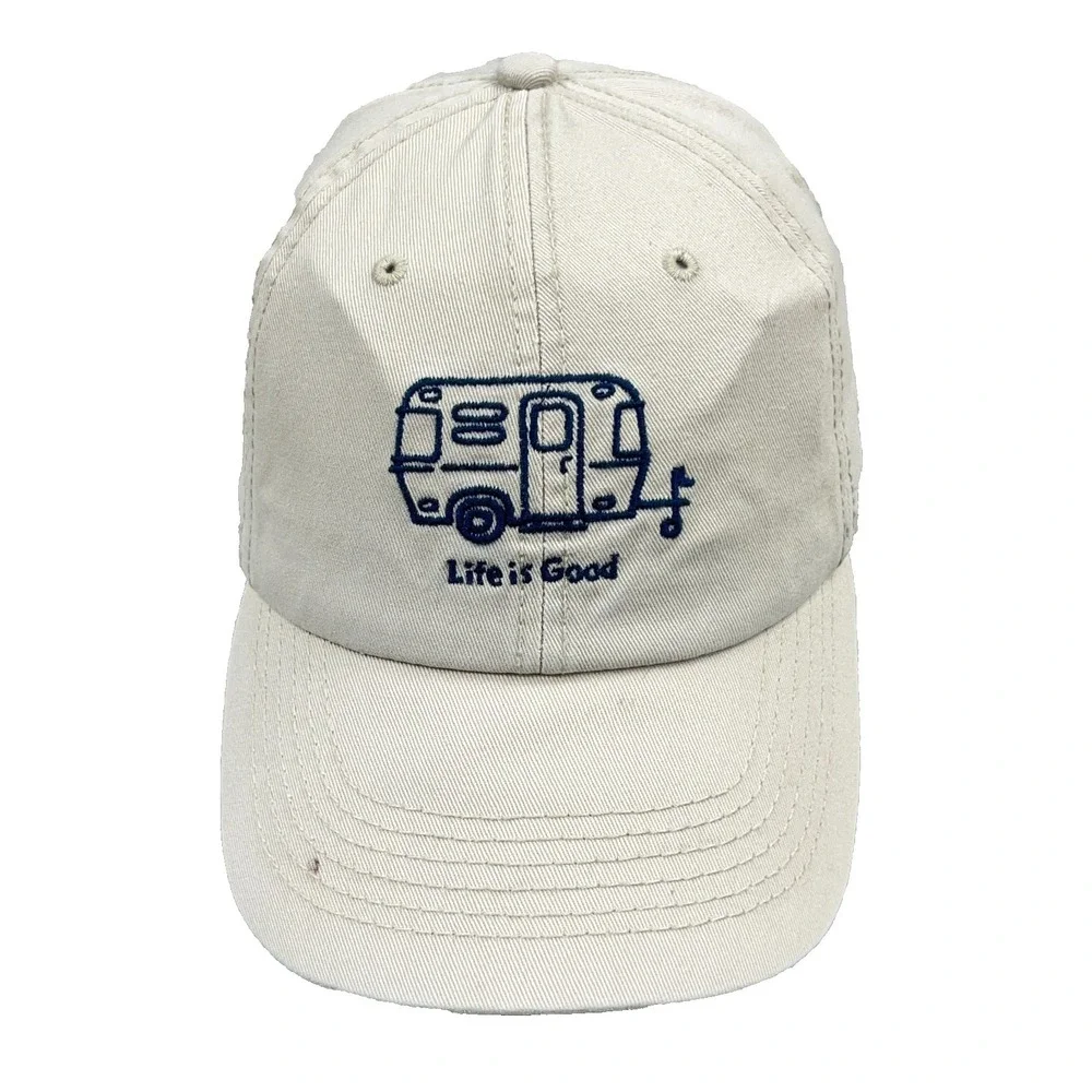 Life Is Good Hat Strap Back Baseball Cap Tan Khaki Camp Camper Adjustable Adult